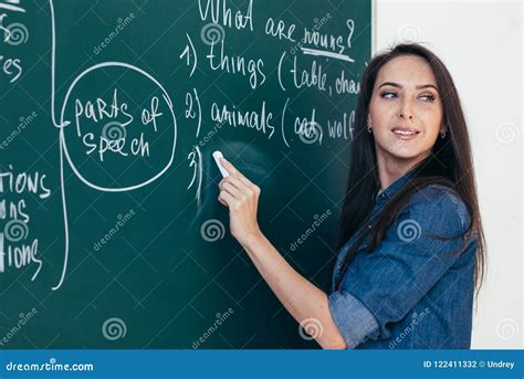 English Courses Language School Teacher Writing On Chalkboard Stock
