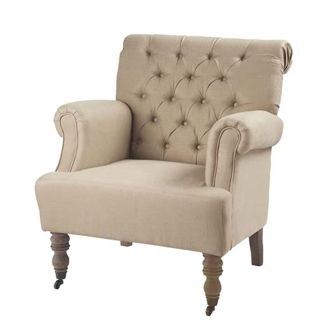 Frame armchair, blush cotton velvet. Linen button armchair Augustin | Maisons du Monde