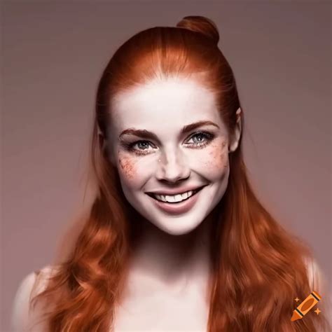 High Resolution Portrait Of A Smiling Redhead Woman With Freckles