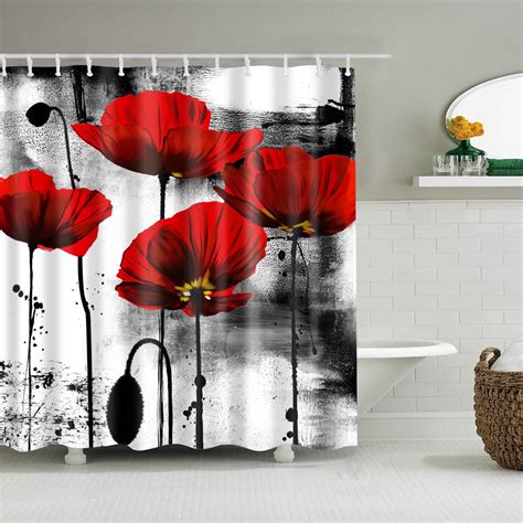 Red Poppy Sower Curtain Vintage Rustic Flower Blossoms Gray Ink