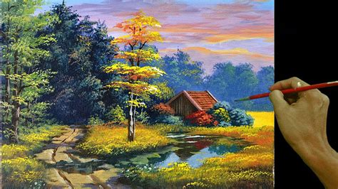 Acrylic Landscape Painting Tutorial House Beside The River Youtube