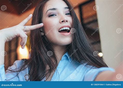 Beautiful Charming Brunette Smiling Asian Girl Taking Selfie On Frontal