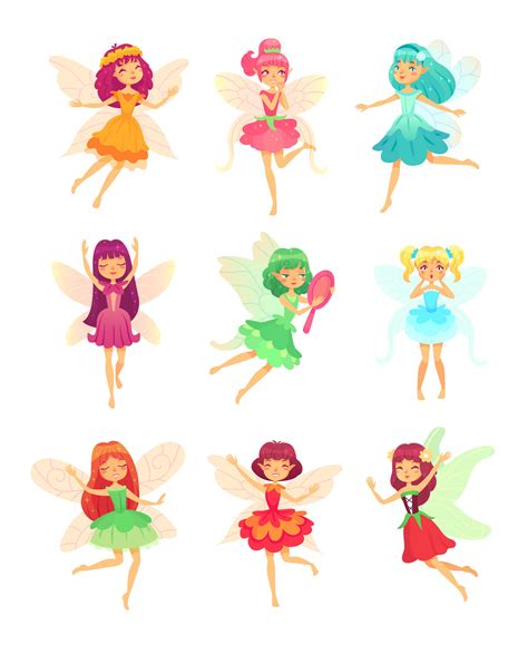 Cartoon Fairy Girls Cute Fairies Dancing In Colorful Dresses Magic F