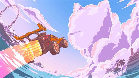 A Cartoon Car Is Flying Through The Air Over An Ocean And Roller