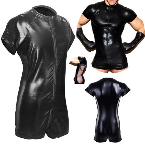 sexy mens pvc leather wetlook zipper pouch catsuit bodysuits jumpsuits clubwear ebay