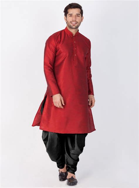 Maroon Cotton Silk Readymade Dhoti Kurta 144060 Maroon Kurta For Men