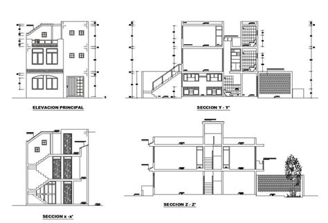 All Sided Sectional Details Of Two Story House With Terrace Cad Drawing