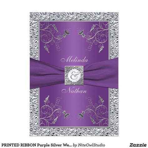 Printed Ribbon Purple Silver Wedding Invitation Purple