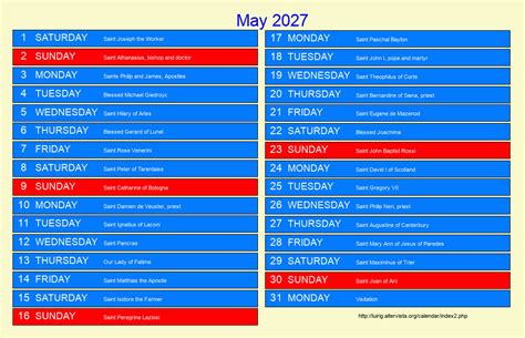 May 2027 Roman Catholic Saints Calendar