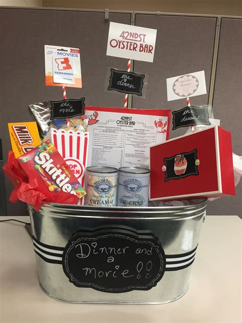 I had to call in and pay for the dinner over the phone so my family could leave the restaurant. Silent Auction Dinner and a Movie Basket | Movie basket gift, Date night gift baskets, Movie gift