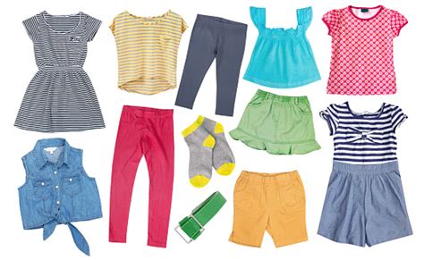 Child Girl Cotton Bright Summer Clothes Set Collage Isolated Stock