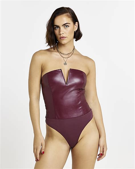 Red Faux Leather Bodysuit River Island