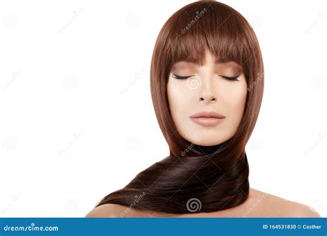 Beautiful Brunette With Smooth Haircut And Nude Makeup In Healthy Skin Stock Photo Image Of
