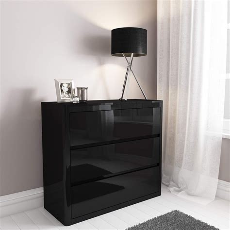 High Gloss Chest Of Drawers Black 3 Drawer Cabinet Bedroom Furniture