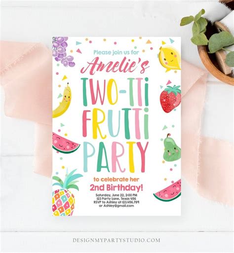 Editable Twotti Frutti 2nd Birthday Invitation Tutti Frutty Fruit