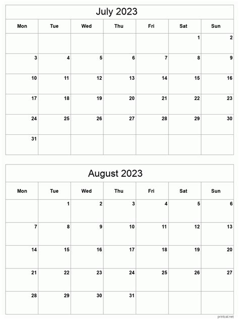 July To August 2023 Printable Calendar Two Months Per Page Printable