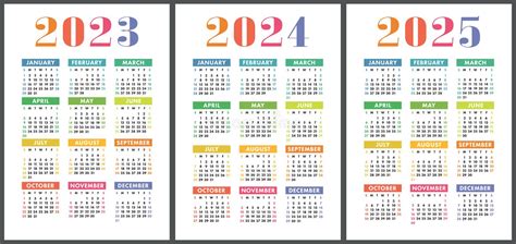 Calendário 2023 2024 E 2025 Conjunto De Vetores Coloridos Em Inglês
