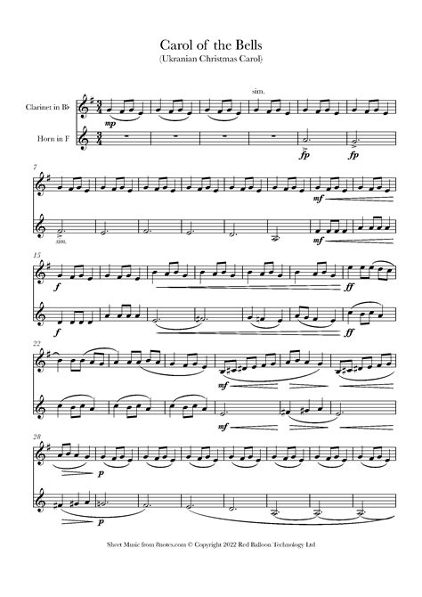 Carol Of The Bells Sheet Music For Clarinet French Horn Duet