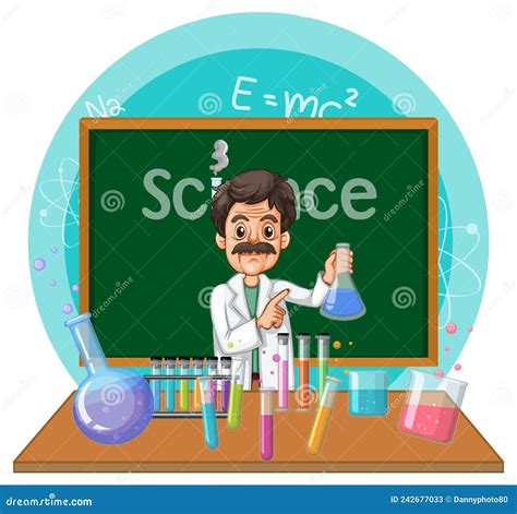 Scientist Man Cartoon Character With Laboratory Equipments Stock Vector