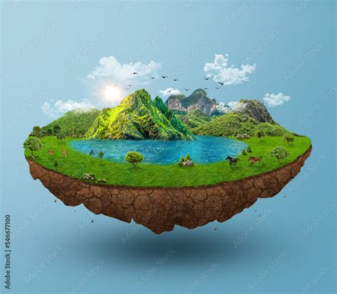 Floating Island With Lake And Beautiful Landscape 3d Illustration Of