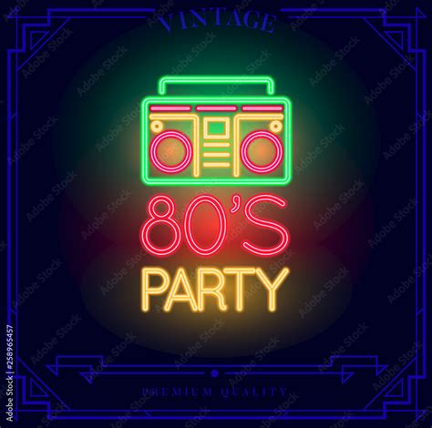80s Party With Boombox Cassette Player Neon Light Sign Vector