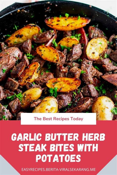 The steak needs enough room to get a good sear going and crowding the pan will lower the temperature and you'll end up steaming the meat instead of turn heat up to high and add remaining butter. GARLIC BUTTER HERB STEAK BITES WITH POTATOES | Easy dinner ...