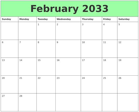 February 2033 Printable Calendars