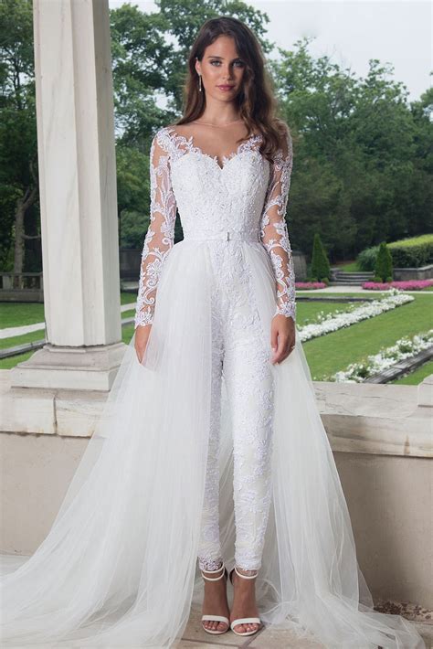 Dressy Lace Bridal Jumpsuit With Tulle Train Wps