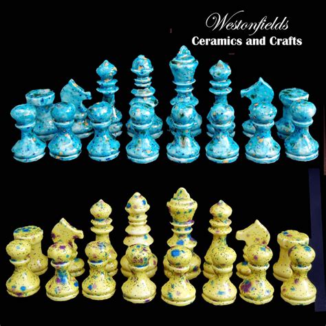 Ceramic Chess Set Pieces Hand Made Hand Glazed Crystal Glazes 16 Blue