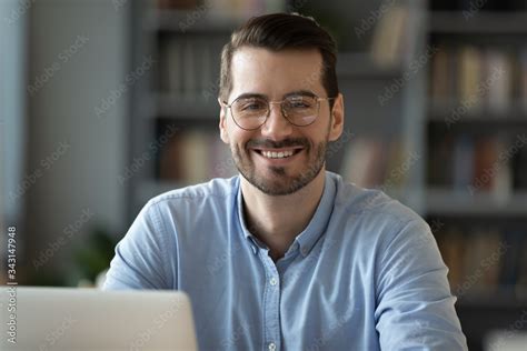 Head Shot Portrait Smiling Businessman Student Worker Wearing Glasses