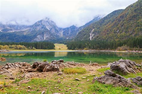 Beautiful Lago Di Fusine The Mountain Lake And Mangart Mountain In The
