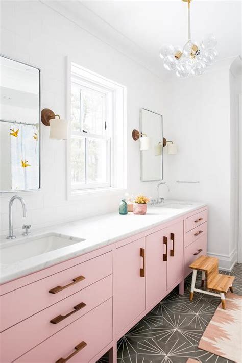 Pink Bath Vanity Cabinets With Dark Gray Cement Floor Tiles Contemporary Bathroom