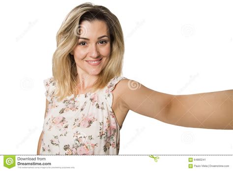 Young Pretty Fashion Blonde Woman Taking Self Shot Photo Stock Image