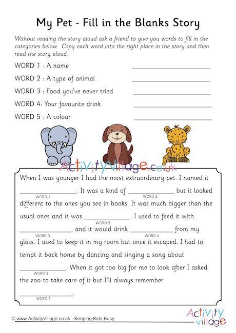 Kids guess which animal the various body parts belong too then learn about the amazing ways the animals use their eyes, nose, ears, tail etc. My Pet Fill In The Blanks Story | Classroom writing ...