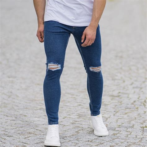 Mens Distorted Leg Skinny Jeans In Navy Blue