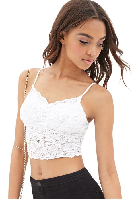 Forever 21 Floral Lace Crop Top In White