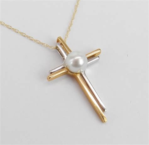 14k White And Yellow Gold Pearl Cross Pendant Necklace Religious Charm