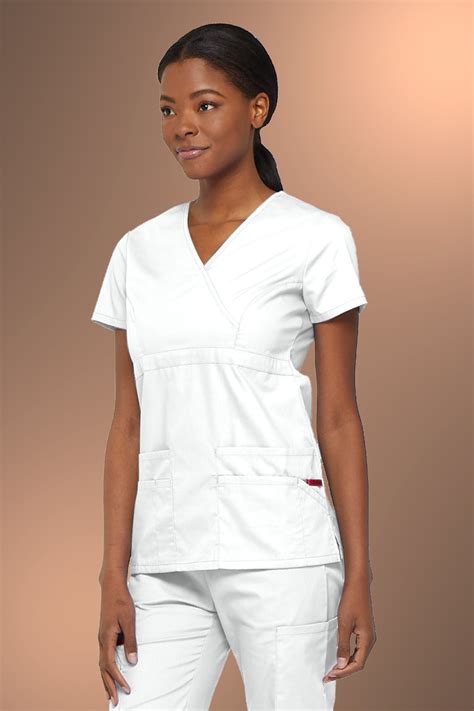Dickies Eds Signature Women S Mock Wrap Scrub Top 85820 White Simon Jersey Healthcare Uniforms