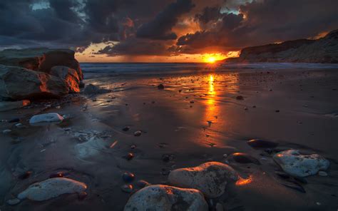 Hintergrundbilder Sonnenuntergang Felsen Strand Sand Nass