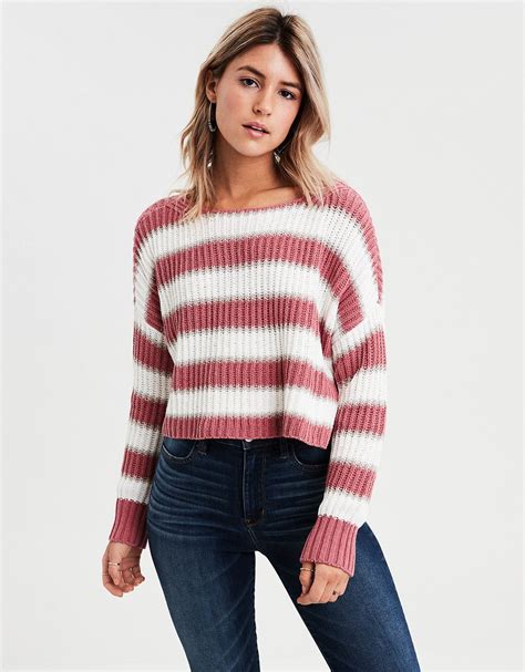 Ae Striped Crop Pullover Sweater Red American Eagle Outfitters