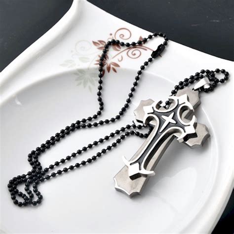 Mens Silver Cross Black Layered Christian Necklace Cross Pendants