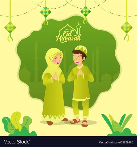 Eid Mubarak Greeting Card Cartoon Muslim Kids Vector Image