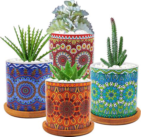 Yesland 4 Pack Succulent Plant Pots With Bamboo Tray 3