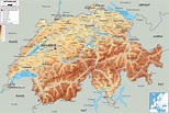 Grande mapa físico de Suiza con carreteras, ciudades y aeropuertos ...