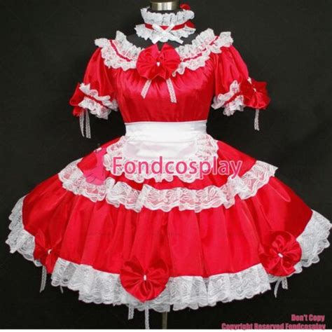 cross dressing sissy maid satin red dress lockable uniform white apron cd[g296] ebay