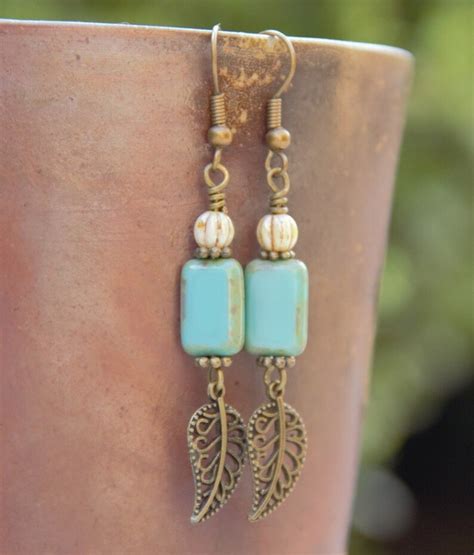 Turquoise Rectangle Earrings Czech Glass Earrings Dangle Etsy