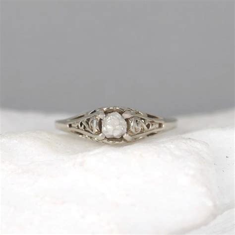 Raw Diamond Engagement Ring 14k White Gold Antique Style Rings