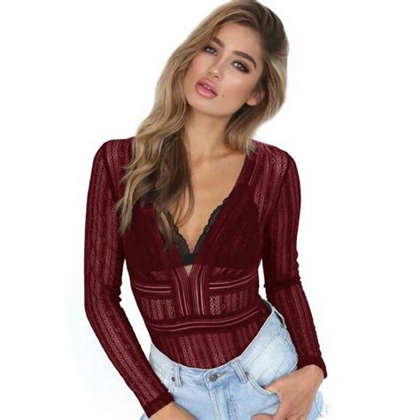 Sexy Lace Bodysuits Women Long Sleeve Backless Tops Perspective Jumpsuit Rompers Fitness Deep V