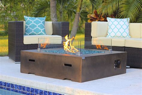 42 X 42 Square Modern Concrete Fire Pit Table W Glass Guard And Crystals Set By