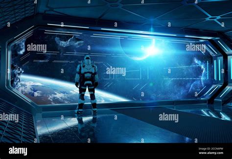 Astronaut In Futuristic Blue Spaceship Watching Space Through A Large